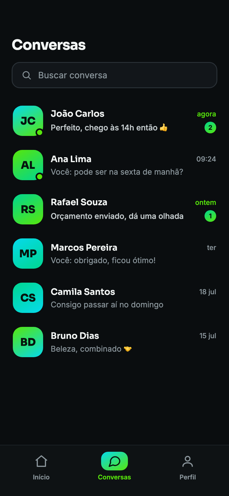 Tela de conversas com os profissionais