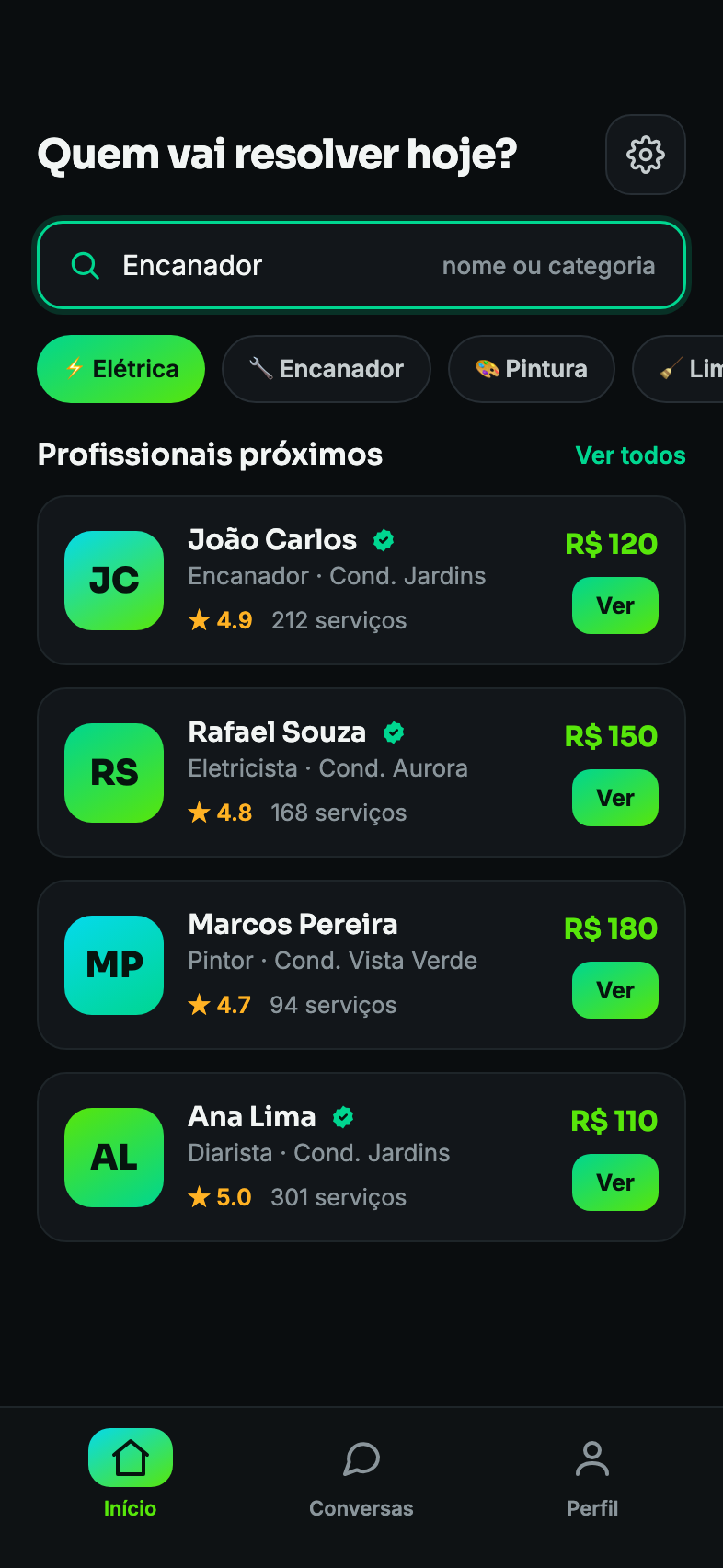 Tela inicial do app: busca por categoria e lista de profissionais próximos com avaliação e preço