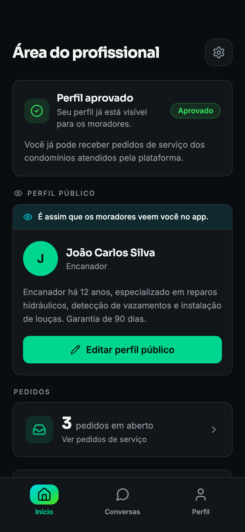 Área do profissional: perfil aprovado, perfil público e pedidos em aberto